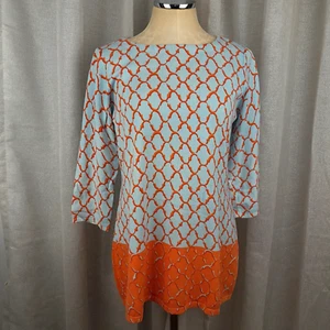 J. MCLAUGHLIN Sweater Womens Large Blue Hobo Geometric Orange Print 3/4 Sleeve - Picture 1 of 9