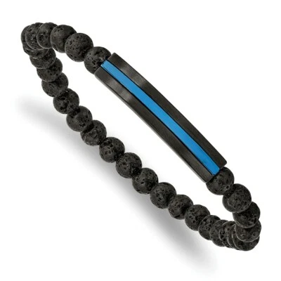 Stainless Steel Brushed & Polished Black/Blue IP w/Lava Stone Stretch Brace - Image 1 of 3
