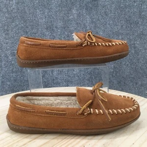 Minnetonka Slippers Womens 8 Pile Slip On Moccasins Brown Suede Sherpa Indoor - Picture 1 of 16