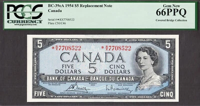 Canada 1954 $5 REPLACEMENT / STAR BC-39cA Prefix R/X GEM UNC PCGS 66 PPQ - Image 1 of 2
