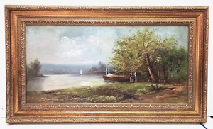 1900's MYSTERY ARTIST ORIGINAL ANTIQUE O/C SAILBOATS LAKESCAPE FIGURES FRAMED - Picture 1 of 7