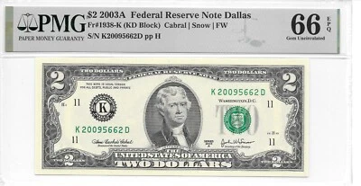 2003A Dallas $2 FRN Harder to Find KD Block PMG 66 EPQ Gem Uncirculated - Image 1 of 4
