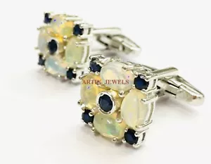 Natural Opal & Blue Sapphire Gemstone with 925 Sterling Silver Cufflink #2671 - Picture 1 of 5