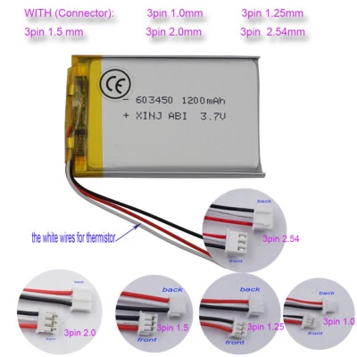 3.7V 1200mAh 4.44Wh Li-Polymer Li Lipo Battery 603450 JST 3Pin Connector 3-Wires - Image 1 of 2