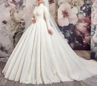 Muslim Wedding Dress High Neckline Long Sleeve Beaded Applique A Line Bride Gown - Image 1 of 4