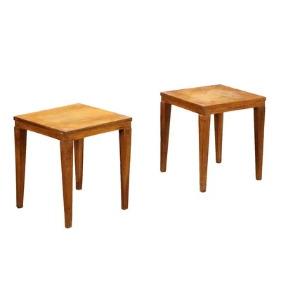 Paire de Tables Basses des Années 50 Noyer Pieds Tronqués - Photo 1/4