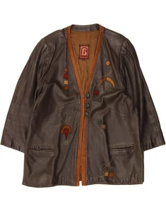 VINTAGE Womens Abstract Pattern Leather Coat UK 18 XL Brown Leather DA01 - Picture 1 of 3