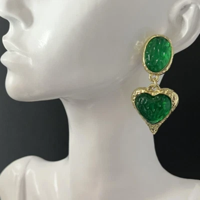 Earrings Green Heart Gold Tone Pierced Poured Resin Dangle Statement - Image 1 of 4