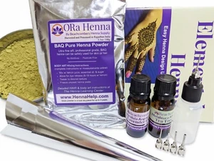 Kit polvere per tatuaggi all'henné naturale biologico Rajasthan oli applicatore libro bottiglie - Foto 1 di 6