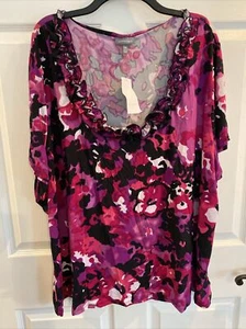Womens Essentials Shirt Purple Floral/Ruffled Collar, 4X   NWT - Picture 1 of 7