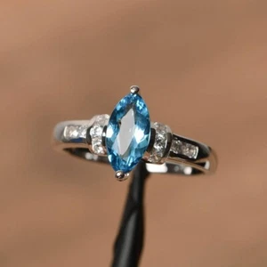 2.50Ct Marquise Cut Lab-Created Blue Topaz Engagement Ring 14K White Gold Plated - Picture 1 of 8
