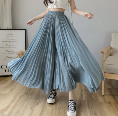 Women Pleated Pants Chiffon Wide Leg Trousers Flared Culottes Thin Preppy Baggy - Image 1 of 4