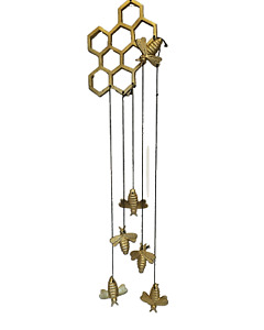 Gold Metal Bees and Honeycomb Wind Chime Hive Garden Bumble Bee Windchime 22"