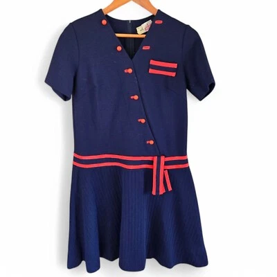 Vintage 1960s Elle Couture Ltd Navy Trevira Wool Blend Dress with Scarf - Image 1 of 4