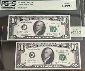 Near TOP POP - 2nd Finest Two Consecutive 1969-C $10 FRN BF Block PCGS 66PPQ - Picture 1 of 2