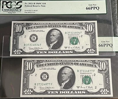 Near TOP POP - 2nd Finest Two Consecutive 1969-C $10 FRN BF Block PCGS 66PPQ - Image 1 of 2