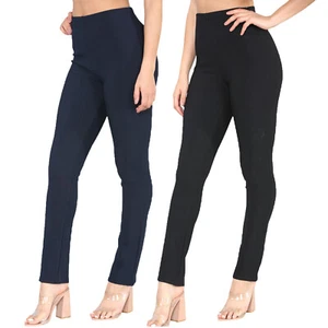 WOMENS STRAIGHT LEG TROUSERS LADIES STRETCH FINELY RIBBED PANTS PULL ON BOTTOMS - Picture 1 of 9