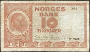 Norwegen - Banknote Von 10 Kronor 1969! P.31d - Bild 1 von 2