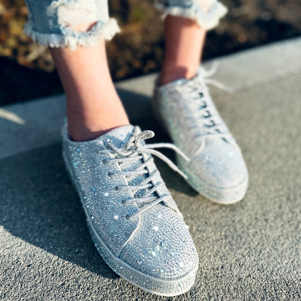 Nuevas Tenis Para Mujer Bling Estrás Cristal Adornado Con Cordones Plataforma Plana Foto 1 de 1
