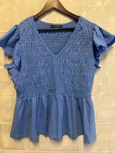Lane Bryant Bluse Damen 18/20 blau geblümt kurze Flatterärmel gesmokt V-Ausschnitt - Bild 1 von 8