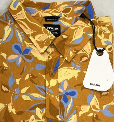 prAna NEW Mens XL Stimmersee Short Sleeve Shirt Ochre Star Floral Retro Organic - Image 1 of 4