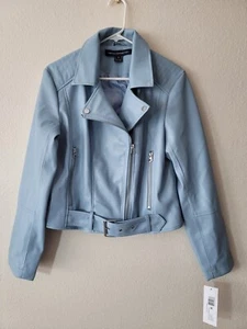 NWT French Connection Sky Blue Etta Vegan Leather Biker Jacket Women Size M - Picture 1 of 7