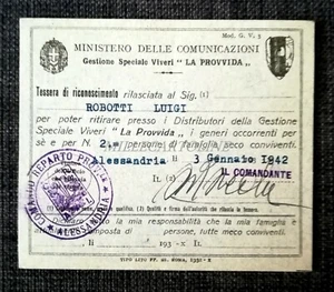 MINISTERO COMUNICAZIONI - "La Provvida" - Tessera Riconoscimento Viveri 1942 - Picture 1 of 2