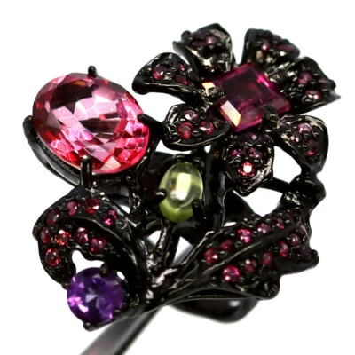 Gemstone Pink Mystic Topaz, Tourmaline, Amethyst,.. Vintage Ring 925 Silver - Image 1 of 4