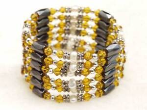 4-5mm White Pearl Black Hematite Magnetic Bracelet for Women Orange Crystal 35''