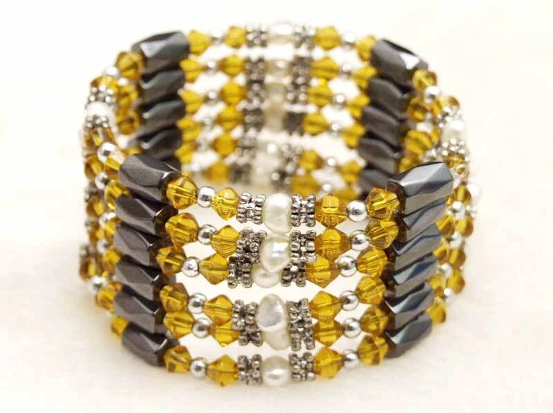 4-5mm White Pearl Black Hematite Magnetic Bracelet for Women Orange Crystal 35'' - Image 1 of 4