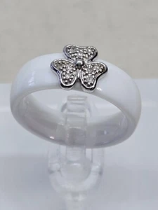 Anello in oro bianco 9 kt con diamanti e ceramica bianca misura L (4,48 g) - Foto 1 di 10