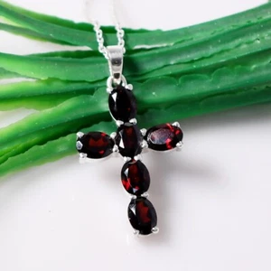 Natural Red Garnet Cross Pendant, 925 Sterling Silver, Christian Jewelry - Picture 1 of 4