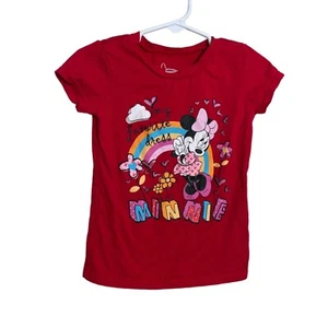 Disney Minnie Mouse Shirt Girl's 3T Red Short Sleeve Rainbow Flowers - Picture 1 of 7