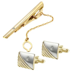 3PCS Men Gold Tuxedo Shirt Cufflinks Tie Clips Set Wedding Necktie Tie Bar Clips - Picture 1 of 11