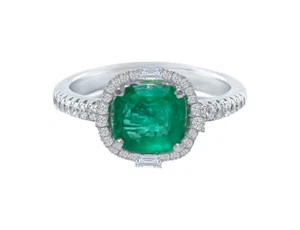 Emerald & Diamond Natural Colombian Cushion cut Halo 18k White Gold Ring size 7 - Picture 1 of 4