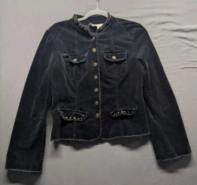 Chaqueta de Pana Ivy Jane De Colección Para Mujer S Negra Borde con Flecos Latón Tachonado Cruz Y2K Foto 1 de 4