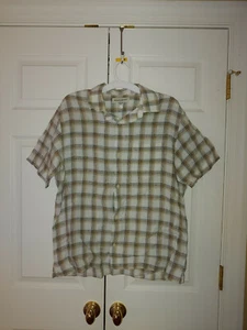 Men Banana Republic Linen Tan Plaid Short Sleeve Button Down Shirt Size L - Picture 1 of 3