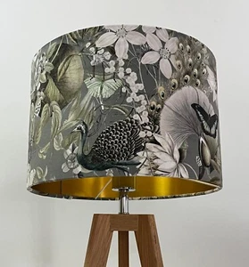 *SALE* Hellgrau Samt Pfau Botanisch Gebürstet Gold Trommel Lampenschirm - Bild 1 von 23