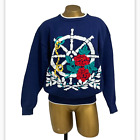 1990S Vintage Eddie Bauer Women's Navy Nautical & Floral Cotton Knit Sweater M/L