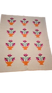 North Carolina Lily Flower Basket Quilt Blanket Hand Sewn Vintage 85x72 - Picture 1 of 15