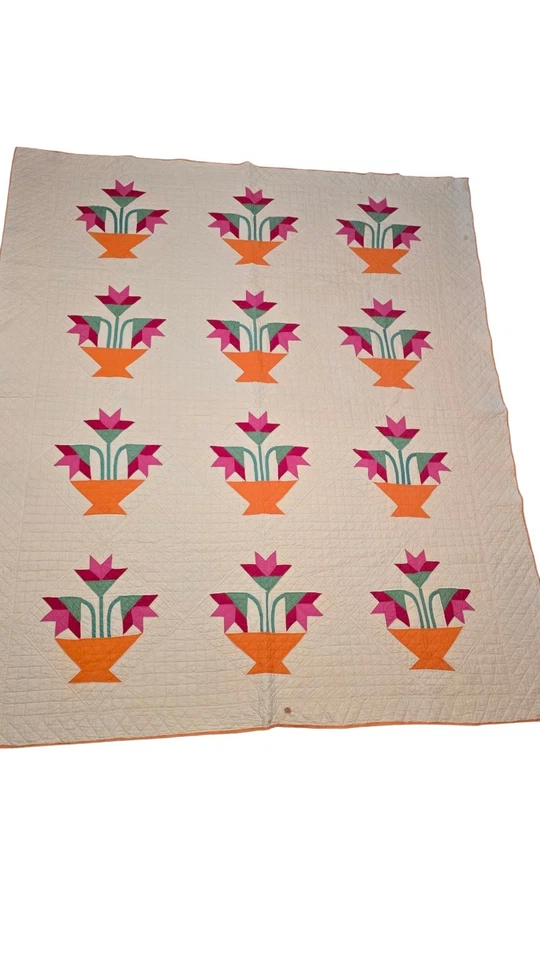 North Carolina Lily Flower Basket Quilt Blanket Hand Sewn Vintage 85x72 - Image 1 of 4