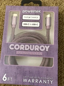Powertek USB C to USB C Corduroy Premium Cable 6 ft Free Shipping - Picture 1 of 2
