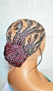 Black and Burgundy Bun Braided Wig Ghana Cornrow Braids Full Lace with Baby Hair - Picture 1 of 10