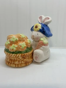 Colorful Bunny Rabbit with Basket of Carrots Ceramic Salt & Pepper Shakers - Picture 1 of 5