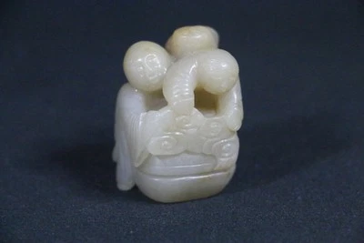 China old Song Dy White jade Carved 2 Child W Box Figure Statue Ornament 和合二仙 - Image 1 of 4