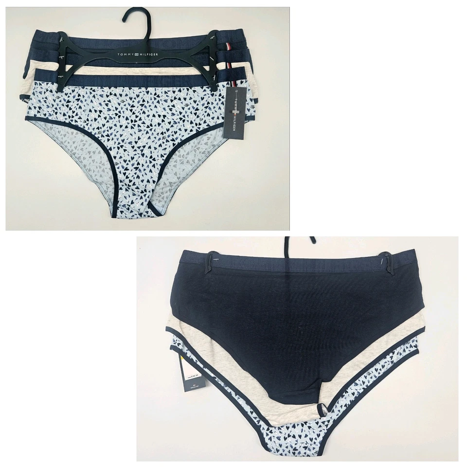 TOMMY HILFIGER 3 件装女式 S M L 标志棉质 Cheeky Hipster 内裤海军蓝 — 第 1/4 张图片