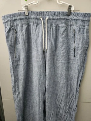 Athleta Pants Womens 18 Blue Cabo Wide 100% Linen Pullon Drawstring Beach Pkts - Image 1 of 4