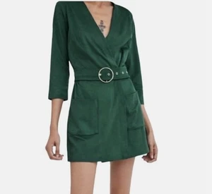 ZARA emerald green faux suede wrap tux soft evening playsuit romper size XS 6 8 - Picture 1 of 5