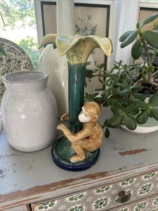 Majolica Monkey Candle Holder Palm Tree 13 1/2" - Picture 1 of 5