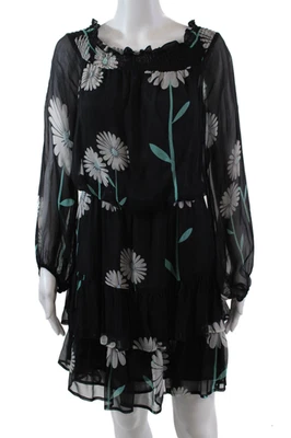 Cynthia Rowley Womens Silk Floral Print A Line Dress Black White Size Large - Image 1 of 4